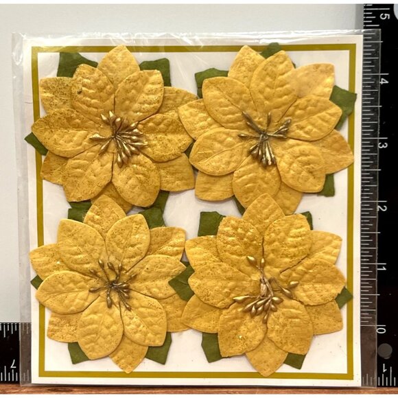 Artificial Gold Poinsettia Paper Flowers Holiday Embellishment 487007 85291 - Picture 1 of 3